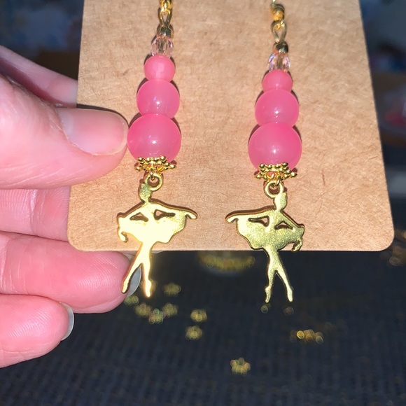 Handcrafted Semi Precious Pink stone w ballerina pendant Dangle Bon Bon Earrings - Picture 4 of 8